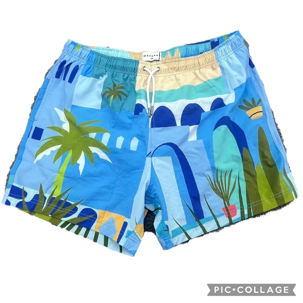 MAVRANS Mens Moroccan Swim Shorts XXL Blue Print Elastic‎ Waist Drawstring NEW